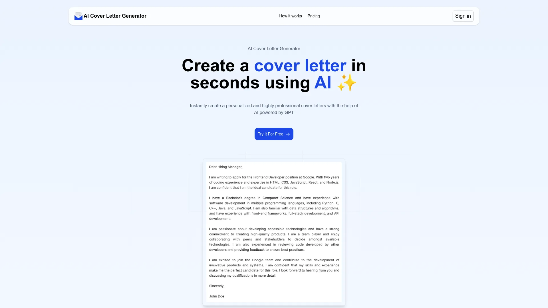 Aicoverlettergenerator screenshot