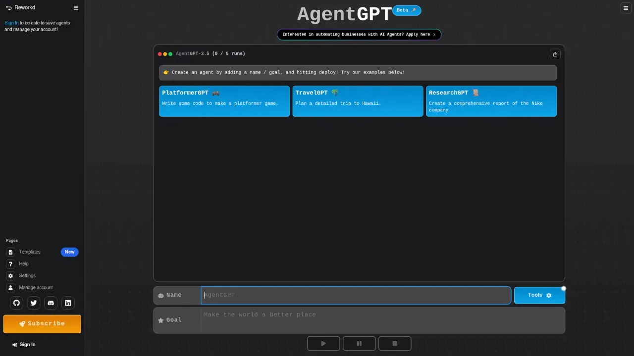 AgentGPT screenshot