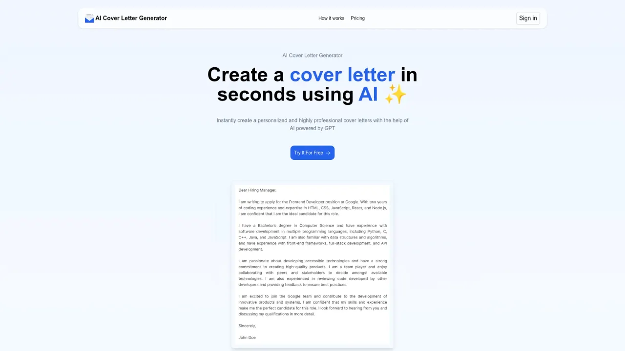 Aicoverlettergenerator screenshot