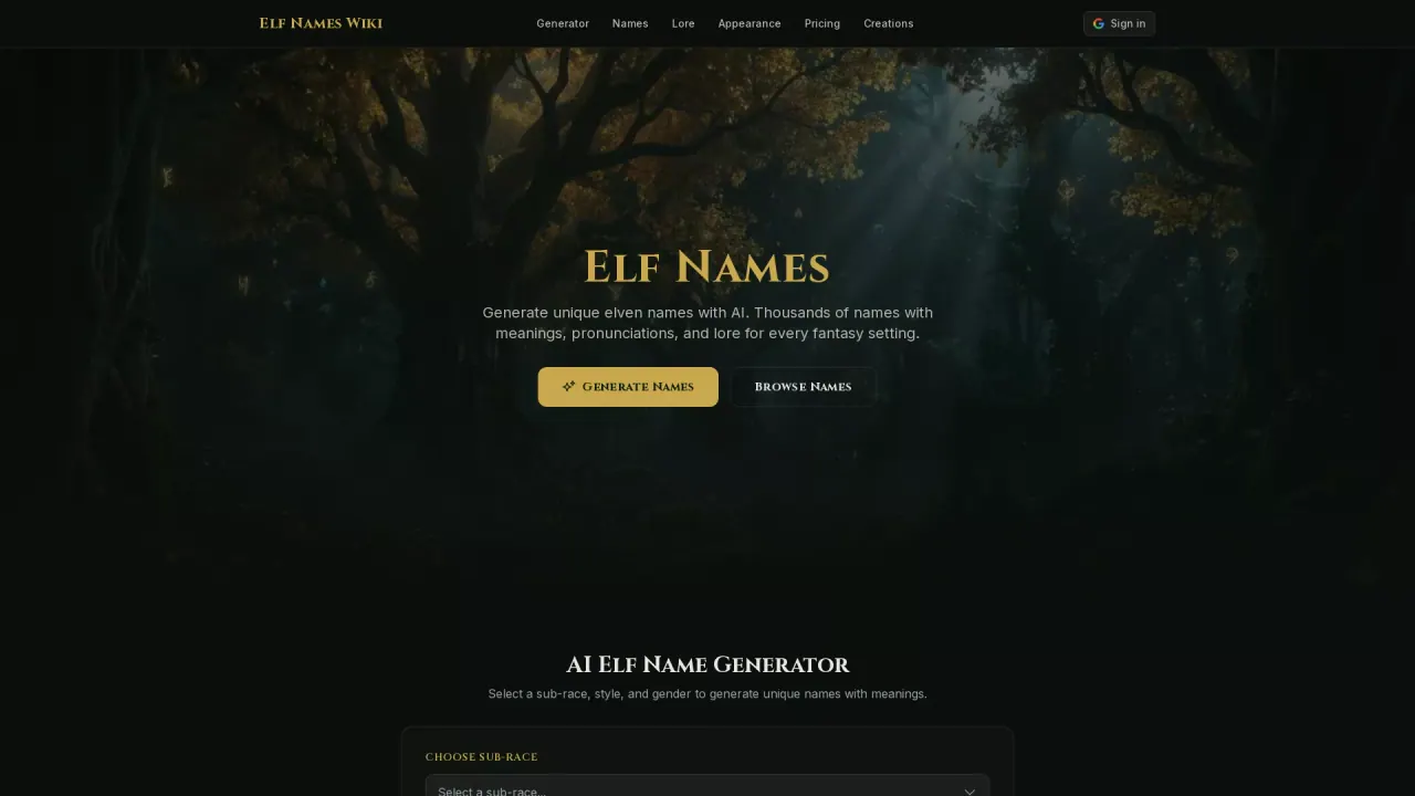 ElfNamesWiki screenshot