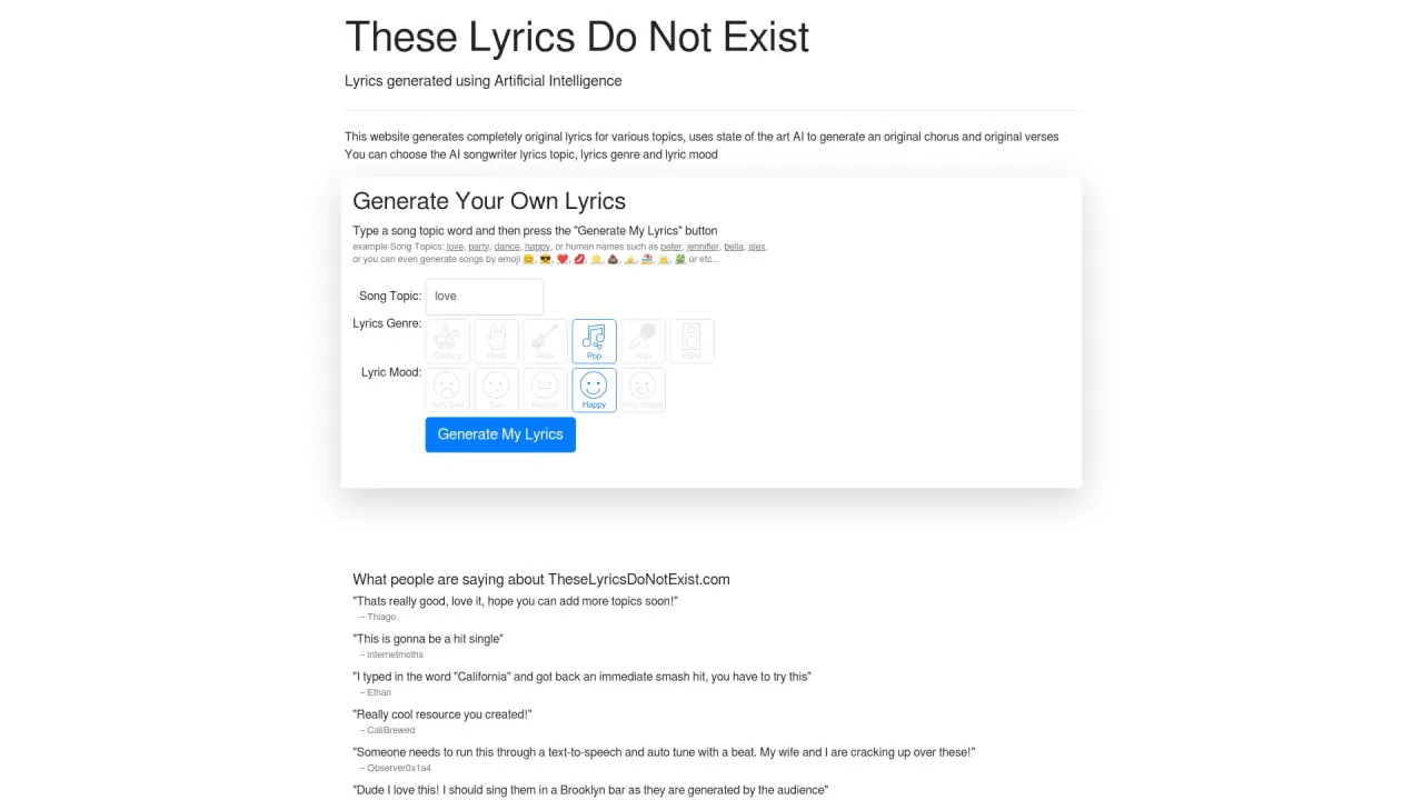 Theselyricsdonotexist screenshot