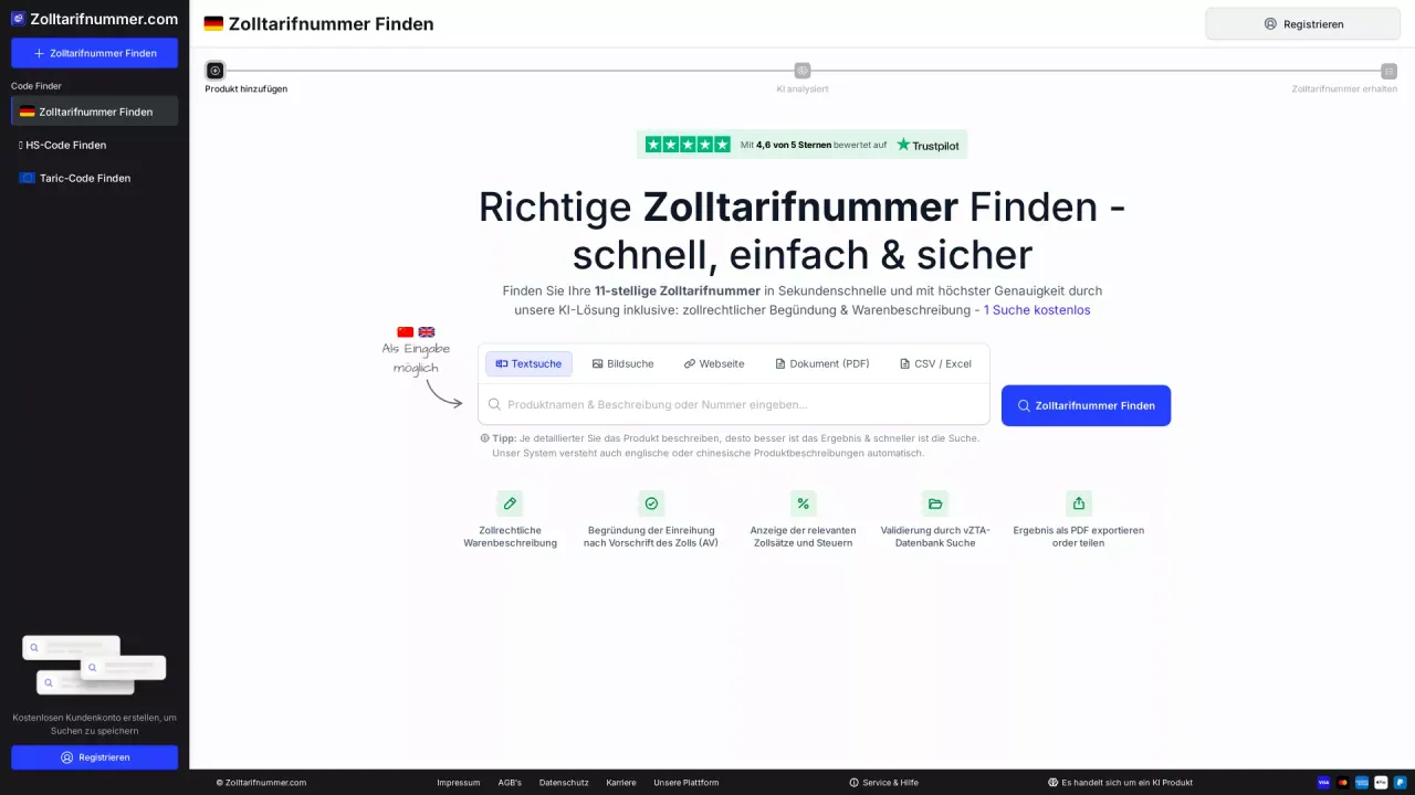Zolltarifnummer screenshot