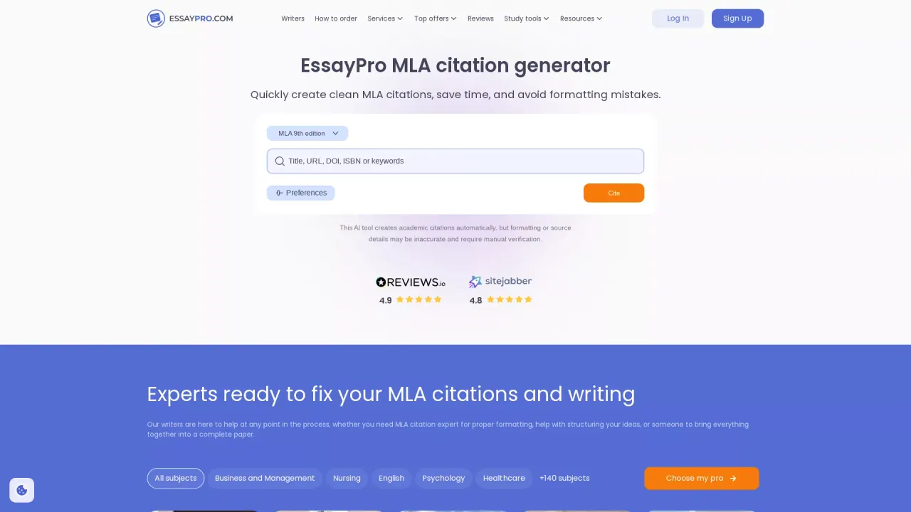 MLA citation generator screenshot